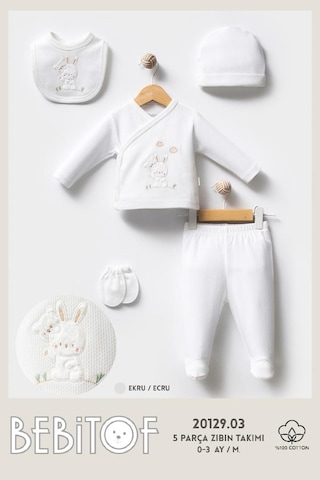 Bebitof %100 Pamuk Sevimli Tavşan Desenli 5 Parça Yenidoğan Hastane Çıkışı Zıbın Seti Bbtf.ekr.20129 Ekru