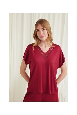 Aria's Closet Arias Closet Kısa Kollu Dantelli V Yaka Şort Pijama Takımı Kırmızı