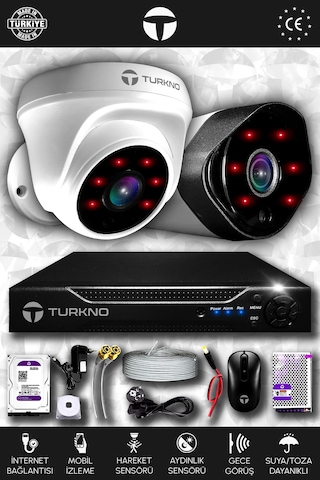 Turkno 2 Kameralı Galia 1 İç Kamera Set 500 GB HDD Full HD Gece Görüşlü Güvenlik Kamerası Sistemi