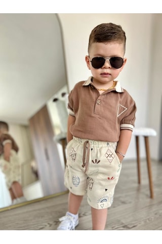 Miniğimin Cicileri Müslim Lacost Yaka Şortlu Etnik Desen Erkek 2 Li Takım - Kahverengi Kahverengi