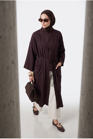 Avenna Doğal Kumaş Kuşaklı Cepli Beli Kuşaklı Kolyeli Kimono Kahverengi 26ya511