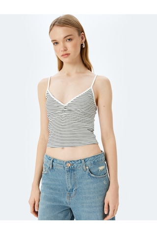 Koton İp Askılı Çizgili V Yaka Slim Fit Fitilli Atlet Ekru Çizgili 5sal30078ık Ekru Çizgili Ekru