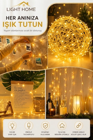 Kablolu Led Işık Zinciri Gün Işığı Dekoratif Led Aydınlatma Oda Duvar Yatak Odası Parti Yılbaşı Süsü 1,5 Metre 10 Led Sarı
