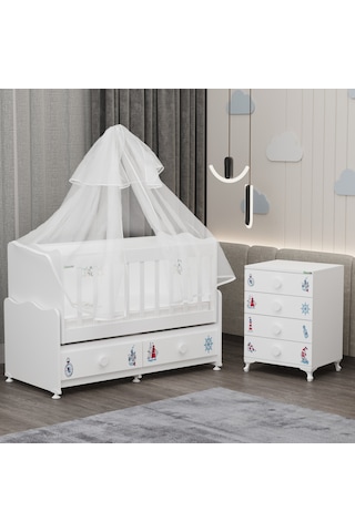 Elegant Mdf Çıtalı Beşik + Şifonyer Yatak Uykuseti - Denizci Beyaz