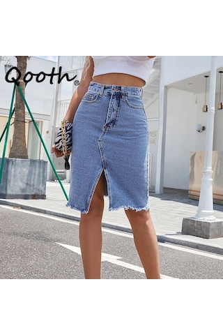 Qooth Kadın Casual Denim Kalem Etek Ins Cool Girl Midi Bölünmüş Hip Etek Qt2271 Mavi