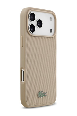Apple Uyumlu iPhone 17 Pro Max Kılıf Lacoste Lisanslı M-safeli Pu Pike Desenli Metal Logo Kartlıklı Kapak Bej Bej