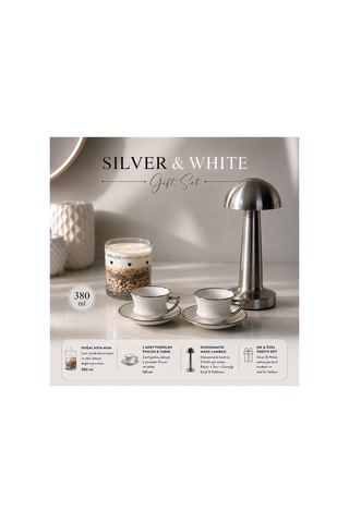 Doğum Günü, Özel Gün, Yeni İş, Yeni Ev Hediyesi Silver Şarjlı Dokunmatik Masa Lambası, Fincan, Soya Wax Mum Hediye Seti Gri