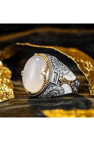 925 Ayar Gümüş Beyaz Akik Taşlı Mineli Erkek Yüzük Gümüş