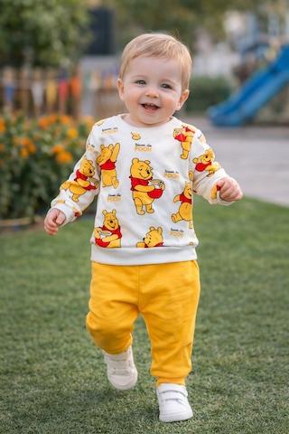 Mou&kou %100 Pamuk Baskılı Bebek Takımı 6-12-18 Ay Uzun Kollu Sweatshirt Pantolon 2 Li Set Sarı