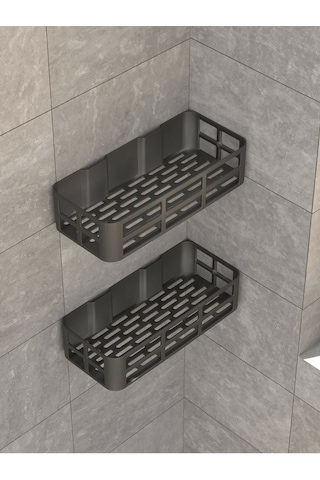 Banyo Duş Rafı 2'li Yapışkanlı Ve Deliksiz Duş Organizer Suya Dayanıklı Siyah Raf Diğer