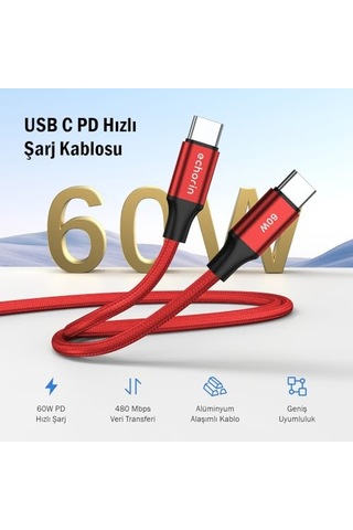 Usb C'den Usb C'ye 60w, 2.4a, 1m, Pd 2.0, Çift Kat Örgülü Hızlı Şarj Ve Data Kablosu Kırmızı, 1 Metre Genel