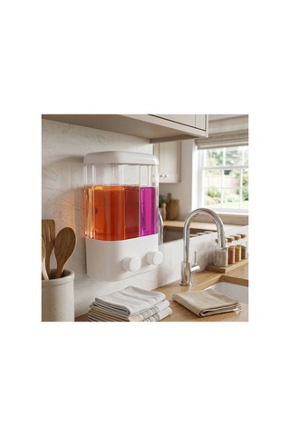 Yapışkanlı Sıvı Sabunluk 1000 Ml 2 Bölmeli Duvar Tipi Banyo Mutfak Dispenser V-2 Beyaz