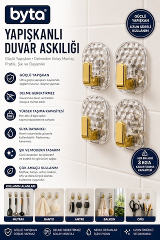 4'lü Şeffaf Yapışkanlı Altın Duvar Askılığı Delmeden Montaj Güçlü Yapışkanlı Çok Amaçlı Kanca Banyo, Mutfak Ve Antre İçin Altın