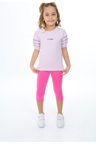 Toontoy Kids Toontoy Kız Çocuk 2'li Takım Baskılı Bisiklet Yaka Prenses Kol T-shirt & Beli Lastikli Crop Tayt Açık Lila