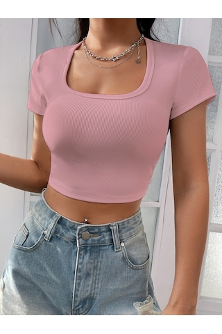 Rooted-kadın Kare & Havuz Yaka Crop T-shirt ,likralı Fitilli Kaşkorse Kumaş Pembe