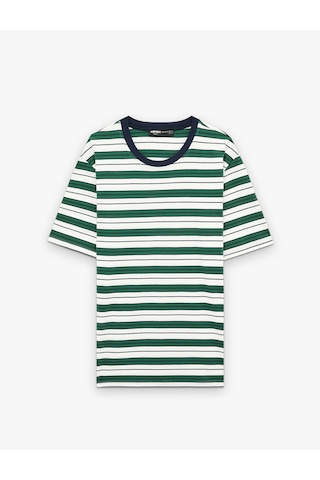 Koton Regular Fit Kısa Kollu Bisiklet Yaka Pamuklu Çizgili Tişört Yeşil Çizgili 6sam10321mk