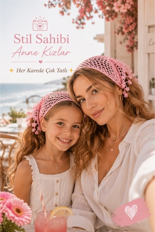 Anne Kız Kombin Bandana El Örgüsü Saç Bandı Bohem Stil Ayarlanabilir 2li Set Pembe321