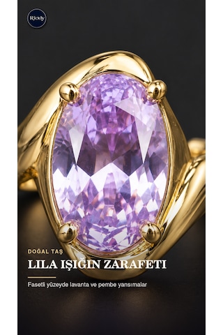 Riody Aube Violette Gold Kaplama Doğal Lila Kedi Gözü Taşlı Açık Form Kadın Yüzük Altın Sarısı
