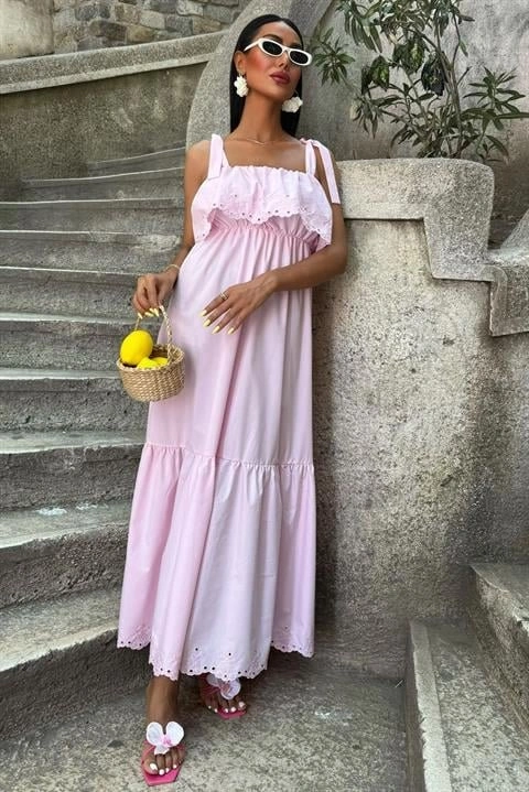 De'charme Etek Ucu Brode Nakışlı Boyundan Bağlamalı Elbise 2881 Pembe