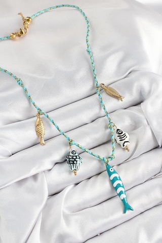 Seramik Motifli Balık Figürlü Model Mavi İp Kadın Kolye Çok Renkli