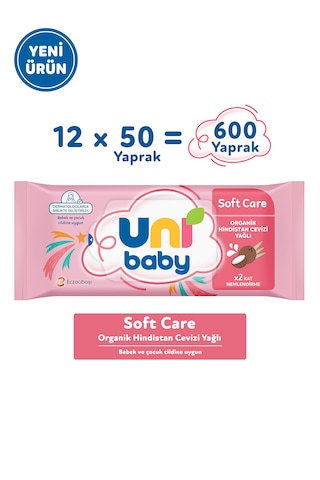 Uni Baby Soft Care Organik Hindistan Cevizi Yağlı Islak Mendil 12x50 600 Yaprak 12'li Set
