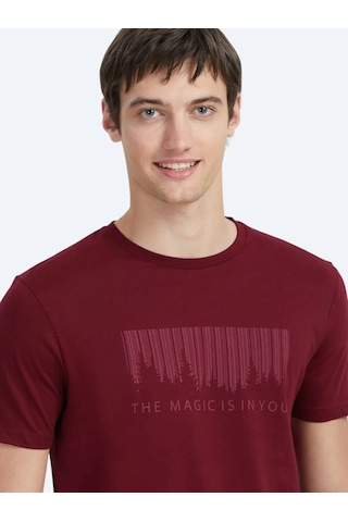 Kip Bordo Baskılı Bisiklet Yaka %100 Pamuk T-shirt Bordo