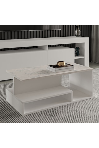 Vera Mini Orta Sehpa Modern Tasarım, Fonksiyonel Raflı Yap Beyaz/beyaz Mermer