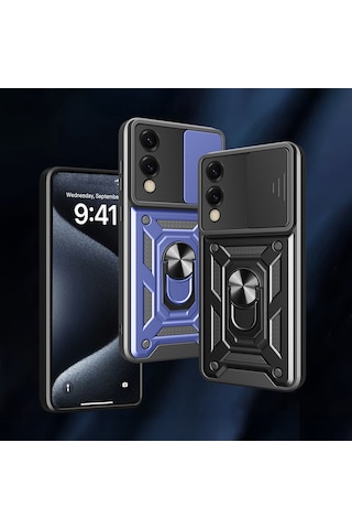 Zore Galaxy Uyumlu S25 Edge Kılıf Magnetik Standlı Kamera Korumalı Sys Sürgülü Vega Kapak - Mavi