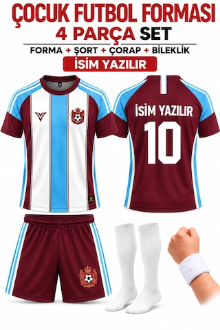 Yenteks İsim Yazılır Çocuk Futbol Forması Bordo Mavi Özel Tasarım 4 Parça Forma+şort+çorap+bileklik Bordo - Mavi