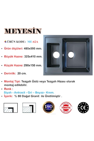 Meyesin ME-62A Granit 1.5 Göz Mutfak Evye Antrasit 485 x 595 MM