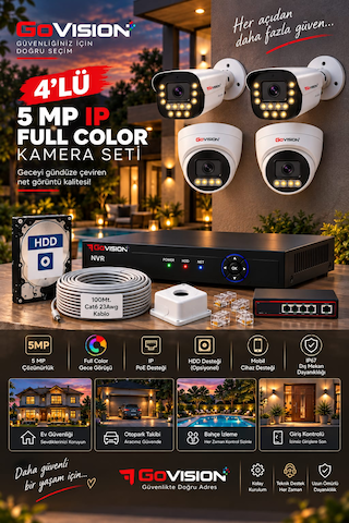Go Vision 4'lü Güvenlik Dome Bullet Ip Kamera Seti - 3.6mm Lens, H.265, Poe, Warm Led Gece Görüşlü