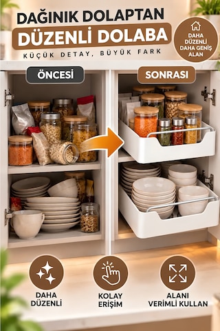 Çok Amaçlı Raylı Dolap İçi Çekmece Organizer Sürgülü Mutfak Banyo Kiler Düzenleyici Organizer 1 Adet Beyaz