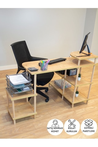 Çalışma Masası 5 Raflı Ahşap Ayaklı Dekoratif Modern Bilgisayar Ofis Masası - Safir Meşe-köşe