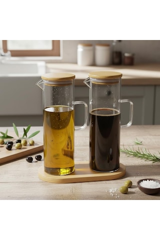 Deconox 2'li Şeffaf Cam Yağdanlık Ve Sirkelik Seti - Bambu Kapaklı Ve Özel Standlı Masaüstü Yağlık 190 Ml Diğer