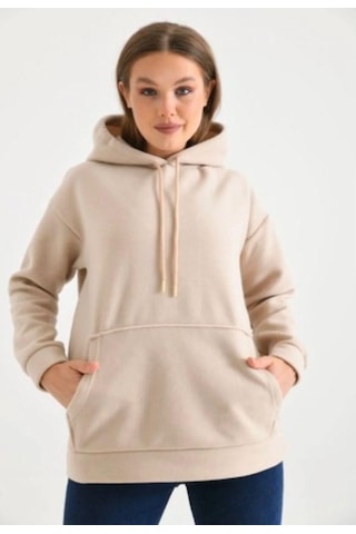 Lovie Moda Kadın Kapşonlu Sweatshirt Bej