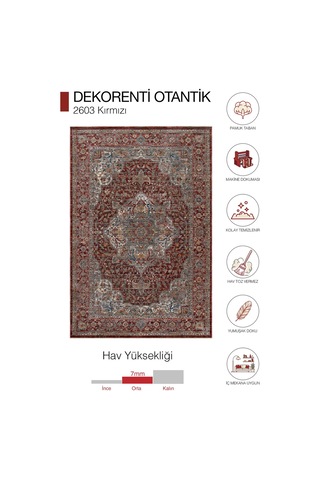 Dekorenti Otantik 2603 Kırmızı Halı Eskitme Madalyon Desenli Halı