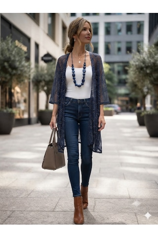 Lacivert Gold Detaylı Örme Kimono
