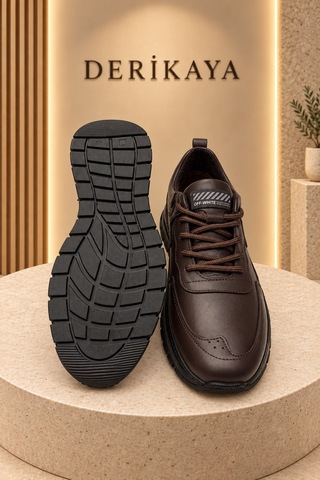Deri Kaya Erkek Kalın Taban Bağcıklı Günlük Sneaker Spor Ayakkabı Kahverengi