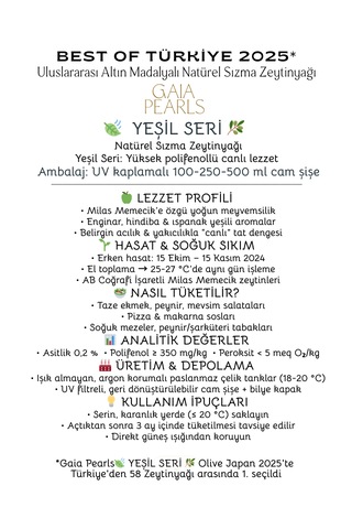 Gaia Pearls İkili Gurme Set 250 Ml X2 Avrupa Birliği Coğrafi İşaretli Milas Memecik Erken Hasat Soğuk Sıkım Zeytinyağı