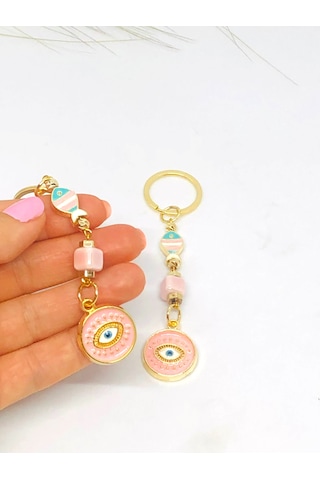 Pembe Metal Nazar Boncuklu Anahtarlık, Göz Nazar Anahtarlık