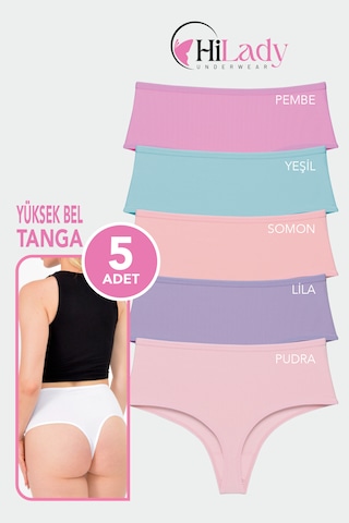 Hilady Kadın Tanga, Yüksek Bel Tanga 5'li Paket String, Tanga Külot Pamuklu Kumaş Açık Pembe