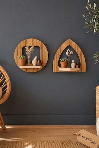 Ahşap Dekoratif Duvar Rafı 2 Li / 3 Lü Set Mtsv - 857 Açık Kahverengi