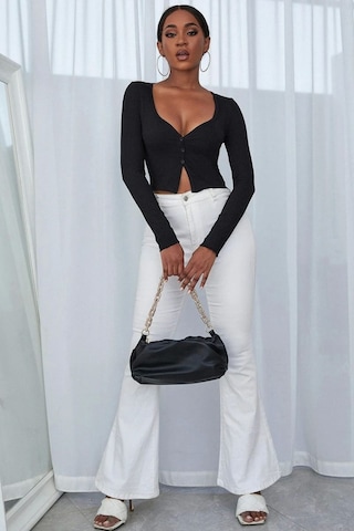 Beru Kadın Siyah Uzun Kollu Düğme Detaylı Göğüs Ve Göbek Dekolteli Crop Top Bluz Premium Stil L - XL