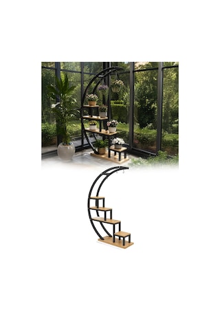 Büyük C Tipi Metal Ahşap Çiçeklik Çok Katlı Dekoratif Saksı Bitki Standı Raf