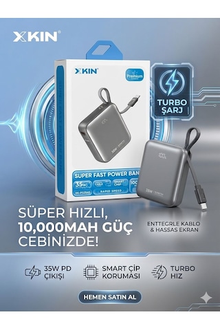 Xkın 10000 Mah 35w Super Fast Charge Powerbank - Dahili Type-c Kablolu Dijital Göstergeli Siyah