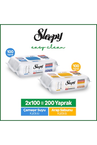 Sleepy Easy Clean Premium Arap Sabunu + Çamaşır Suyu Katkılı Yüzey Temizlik Havlusu Mendili 100+100(200 Yaprak)