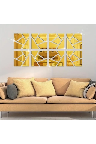 Geometrik Desenli Pleksi Ayna 30x30cm 4 Adet - Gold Gold