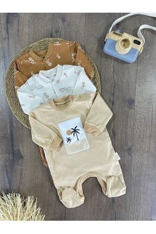 101 Dalmaçyalı Yenidoğan Organik Pamuk 3lü Erkek Bebek Tulum Set Vanilya