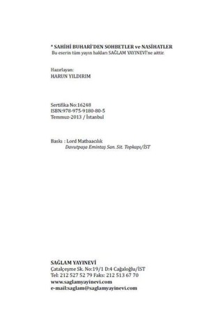Sahihi Buhari'den Sohbetler ve Nasihatler / Harun Yıldırım 9789759180805