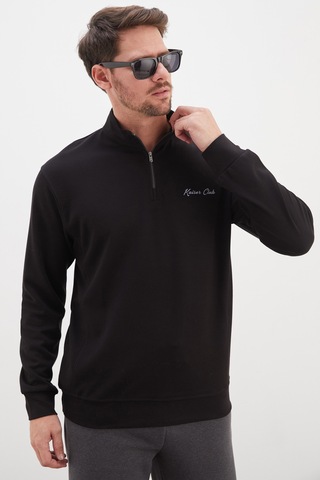 Fullamoda Kaiser Club Baskılı Yarım Fermuarlı Dik Yaka Modal Sweatshirt Siyah